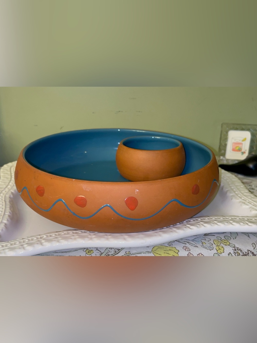 Himark terracotta and blue ceramic chip and dip bowl made in Portugal-Vintage
